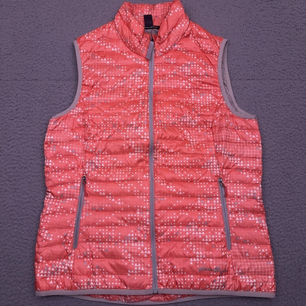 Eddie Bauer Down Puffer Vest Women's‎ Medium Coral Geometric Travex EB700 Fill